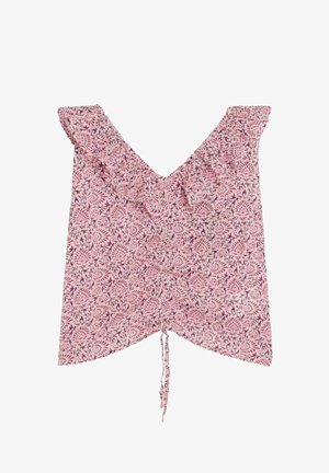 Pinkes ärmelloses Top mit Blumenmuster, gerafftem V-Ausschnitt und Kordeldetail in der Mitte des vorderen Saums.