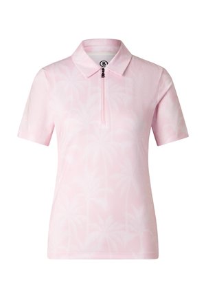 Jasnoróżowa koszulka polo z krótkim rękawem, ozdobiona subtelnym wzorem z palmami, z półzamkiem z przodu pod kołnierzykiem z zakończeniem w szpic.