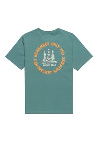 Camiseta de algodón en color azul verdoso con un gráfico redondo en la parte posterior que muestra árboles y el texto: "Recuerda, solo tú puedes prevenir incendios forestales."