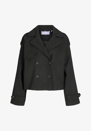 Kort jakke med dobbeltknap i mørkegrå, med ternet mønster, store knapper og brede udfoldede slag med skulderdetaljer.