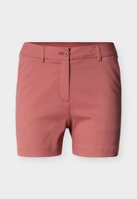 Γυναικεία σορτς μέσης σε ροζ σολομού, με κούμπωμα κουμπιού και φερμουάρ, θηλιές για ζώνη και ίσιο τελείωμα.