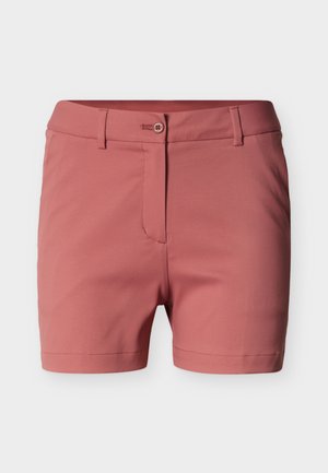 Ženske kratke hlače v srednjem pasu v barvi lososa z zapenjanjem na gumb in zadrgo, z zankami za pas in ravnim robom.