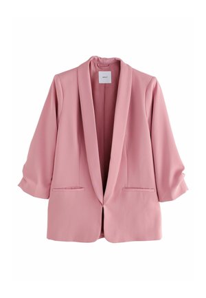 Blazer ajusté rose pâle avec un col cranté, des manches trois-quarts et deux poches avant ; fabriqué en tissu lisse avec une coupe structurée.