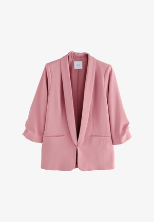 Růžový tailored blejzr s klopami, tříčtvrtečními rukávy a dvěma předními kapsami; vyrobený z hladké tkaniny se strukturovaným střihem.
