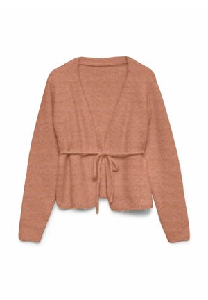 Lekki, krótki kardigan w kolorze brzoskwiniowym z dekoltem w serek, długimi rękawami i wiązaniem w talii. Miękka tekstura z lekko puszystym wykończeniem.