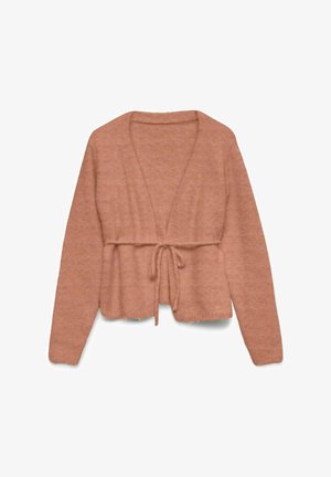 Kerge, lühike kardigan virsiku värvuses, millel on V-kaelus, pikad varrukad ja sidumine vööl. Pehme tekstuur ja pisut karvane viimistlus.