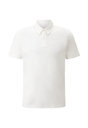 White polo shirt made of cotton, featuring a classic collar, short sleeves, three-button placket, and a small logo on the chest.