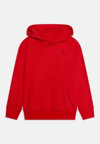 Felpa rossa con cappuccio in tessuto morbido, dotata di tasca a marsupio, cappuccio con cordino e un piccolo logo sul petto. Polsini e orlo a costine.