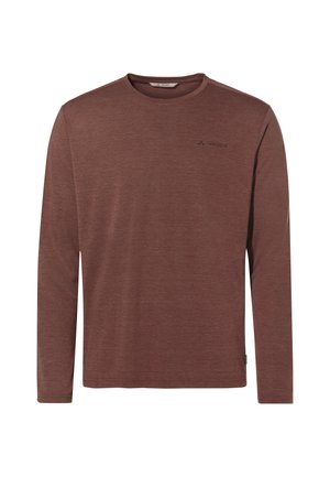 Langarmshirt in donkerrood, gemaakt van zachte textuurstof, met een ronde hals en een klein logo op de borst.