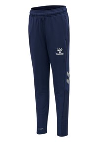 Marina atletiska byxor i andningsbart material, med en avsmalnande design, mesh sidopaneler och en vit logotyp på övre benet.