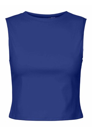 Skórzana, bez rękawów bluzka, wykonana z gładkiego, elastycznego materiału w głębokim niebieskim kolorze. Okrągły dekolt i prosty krój bez wzorów czy akcentów.