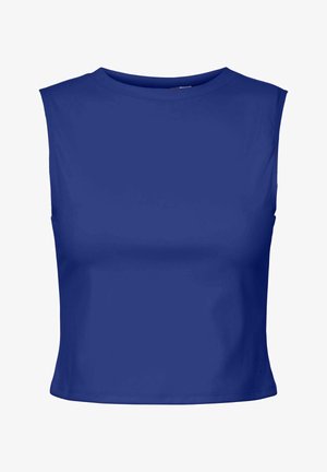 Avskuren ärmlös topp tillverkad av mjuk, elastisk tyg i en djup blå färg. Rund halsringning och enkel design utan mönster eller accenter.