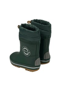 Groene rubberen laarzen met een padded omklapbare bovenkant, grijze accenten en een gestructureerde zool voor grip. Bevat een logo aan de zijkant.
