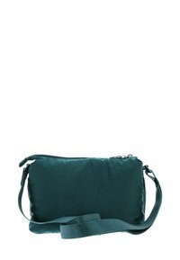 Sac bandoulière matelassé couleur sarcelle en nylon. Comprend une fermeture éclair et une sangle tissée. Forme rectangulaire compacte. Texture lisse.