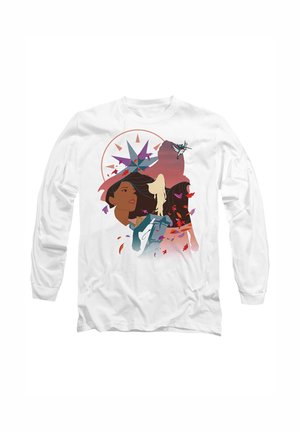 Long-sleeve white T-shirt featuring a colorful graphic design with stylized figures, butterflies, and abstract shapes in various colors.