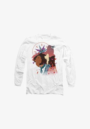 Long-sleeve white T-shirt featuring a colorful graphic design with stylized figures, butterflies, and abstract shapes in various colors.