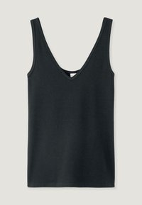 Zwart mouwloos V-hals tanktop, gemaakt van zachte katoen, met een eenvoudig ontwerp, recht aangegeven zoom en zonder extra patronen of accenten.