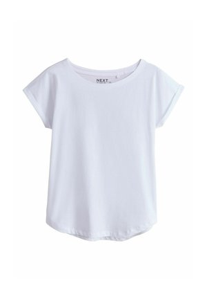 Weißes Baumwoll-T-Shirt mit rundem Ausschnitt und kurzen Ärmeln. Es hat einen geschwungenen Saum und eine weiche Textur. Markenlabel innen sichtbar.