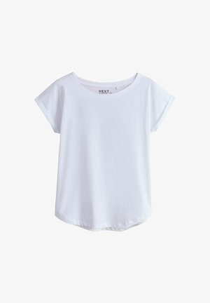 Weißes Baumwoll-T-Shirt mit rundem Ausschnitt und kurzen Ärmeln. Es hat einen geschwungenen Saum und eine weiche Textur. Markenlabel innen sichtbar.