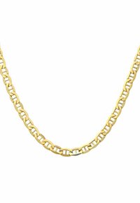 Złocony naszyjnik łańcuszkowy z połączonymi owalnymi ogniwami, charakteryzujący się gładką teksturą i wypolerowanym wykończeniem, co nadaje mu elegancki wygląd.