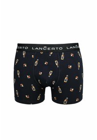 Czarne bawełniane bokserki z powtarzającym się wzorem narysowanych butelek. Posiadają czarną gumkę w pasie z logo "LANČERTO".