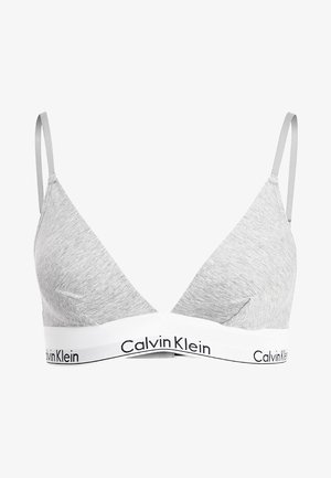 Bralette cinza em algodão com alças finas e uma faixa elástica branca com o logo "Calvin Klein" em texto preto. Design simples e minimalista.