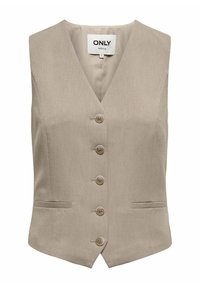 Gilet beige senza maniche con scollo a V, cinque bottoni sul davanti e due tasche laterali. Realizzato in tessuto liscio e testurizzato.
