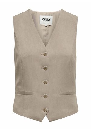 Gilet beige senza maniche con scollo a V, cinque bottoni sul davanti e due tasche laterali. Realizzato in tessuto liscio e testurizzato.