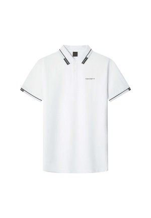 Biała koszulka polo z krótkim rękawem z czarnymi wykończeniami, logo "Hackett" na klatce piersiowej oraz znakowane napisy na kołnierzyku i krawędziach rękawów.