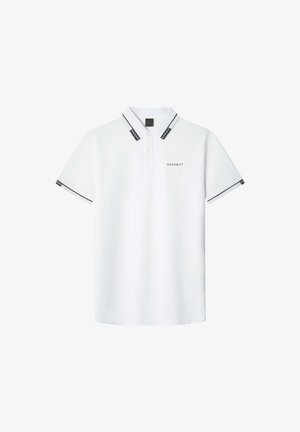 Witte polo met korte mouwen met zwarte afwerking, "Hackett" logo op de borst en merktekst op de kraag en mouwranden.