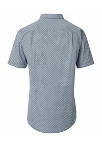 Korte mouwen shirt in lichtblauw met een geometrisch patroon. Heeft een kraag en een zachte textuur, geschikt voor casual draag.
