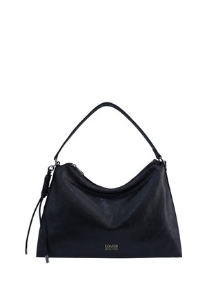 Borsa a mano in pelle nera con una singola tracolla, dettaglio a nappina laterale e piccolo logo "Coveri active" sul davanti.