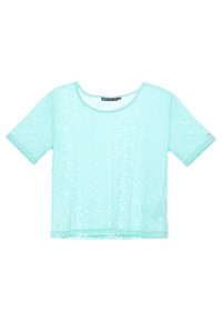 Ljus turkos kortärmad croppad t-shirt med rund halsringning, tillverkad av ett strukturerat, halvgenomskinligt tyg. Subtila mönsterdetaljer.