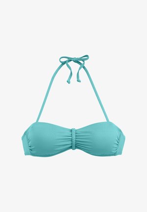 Turquoise bikini top with halter neck ties, gathered center detail, smooth texture, and adjustable straps for fit.