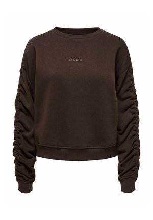 Sweat-shirt à manches longues marron foncé avec encolure ronde, manches froncées et le texte "STUDIO" centré sur la poitrine.