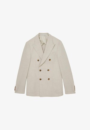 Beiger zweireihiger Blazer mit sechs braunen Knöpfen, Kerb-Revers, zwei aufgesetzten Fronttaschen und knöpfbaren Manschetten.