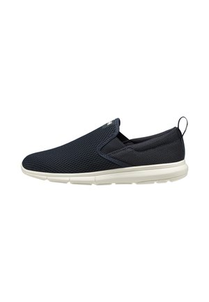Black slip-on sneaker with breathable mesh upper, white flexible sole, elastic side panels, and rear pull tab.