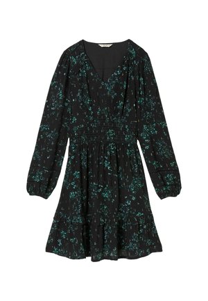 Schwarzes Kleid mit langen Ärmeln, V-Ausschnitt und gerafftem Bund. Es hat ein florales Muster in Grün und Blau und einen ausgestellten, gestuften Rock.