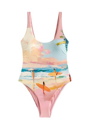 Costume intero con una scena di spiaggia pastello che mostra surfisti che trasportano tavole vicino alle onde dell'oceano sotto un cielo rosa e blu tenue.