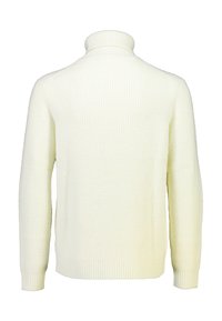 Kermaisen värinen pusero korkealla kauluksella, ribbineuloksella ja pitkillä hihoilla. Ominaisuuksiin kuuluu tiukka istuvuus ja suora helmaviiva.