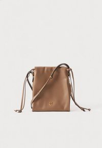 Brown leather bucket bag with a drawstring closure and adjustable shoulder strap. Features a gold-tone logo accent at the front.