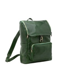 Zaino in pelle verde con una finitura lucida, chiusura con zip nella parte superiore, tasca frontale e spallacci regolabili. Design compatto e rettangolare.