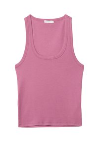 Lila Tanktop mit rundem Ausschnitt und breiten Trägern, aus weichem Baumwollstoff. Glatte Textur ohne sichtbare Muster oder Verzierungen.