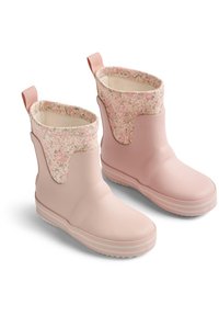 Bottes de pluie roses avec des poignets à motif floral, présentant un extérieur en caoutchouc lisse, des languettes de traction et des semelles texturées pour une meilleure adhérence.