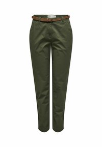 Pantaloni verde oliva in cotone, dotati di una cintura intrecciata marrone, design slim fit e gambe affusolate con dettagli minimi.