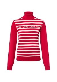 Rood-witte gestreepte coltrui met lange mouwen, voorzien van decoratieve "LIUJO" branding en kleine versieringen.