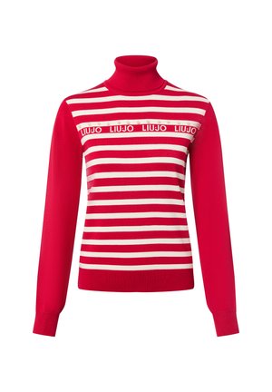 Rood-witte gestreepte coltrui met lange mouwen, voorzien van decoratieve "LIUJO" branding en kleine versieringen.
