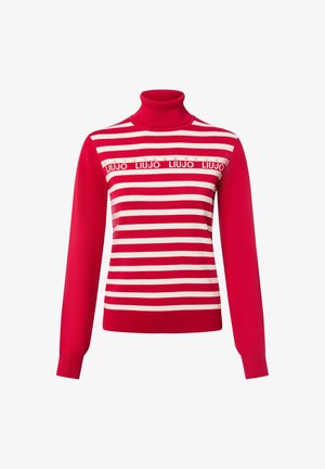 Czerwono-biały sweter z golfem w paski, z długimi rękawami, ozdobiony dekoracyjnym logo "LIUJO" i drobnymi zdobieniami.