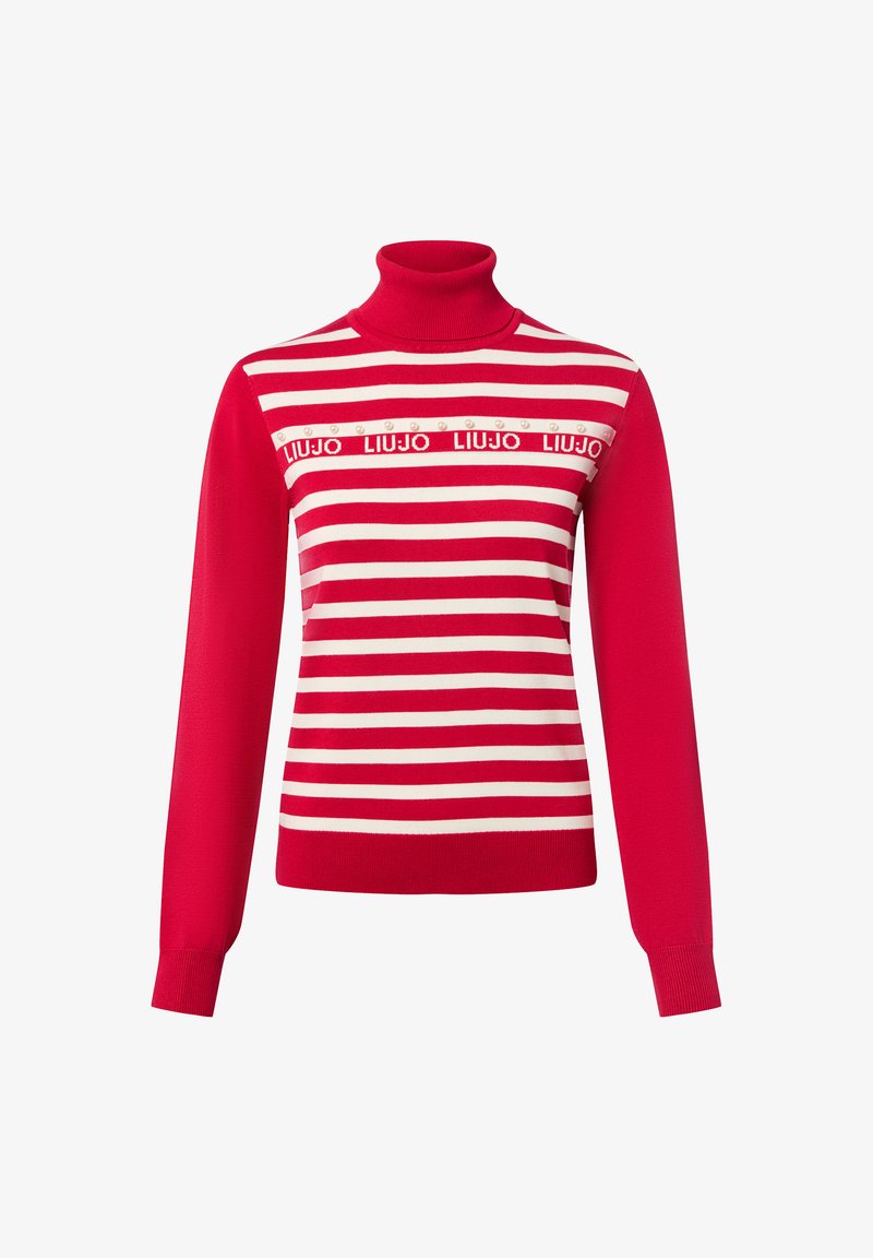 Rood-witte gestreepte coltrui met lange mouwen, voorzien van decoratieve "LIUJO" branding en kleine versieringen.