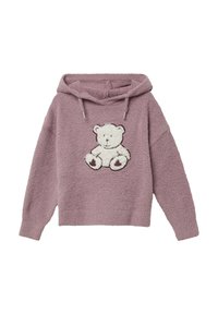 Fleecowa bluza z kapturem w miękkim różowym kolorze, z teksturowaną, białą aplikacją misia na przedzie. Posiada kaptur ze sznurkiem i luźny krój.
